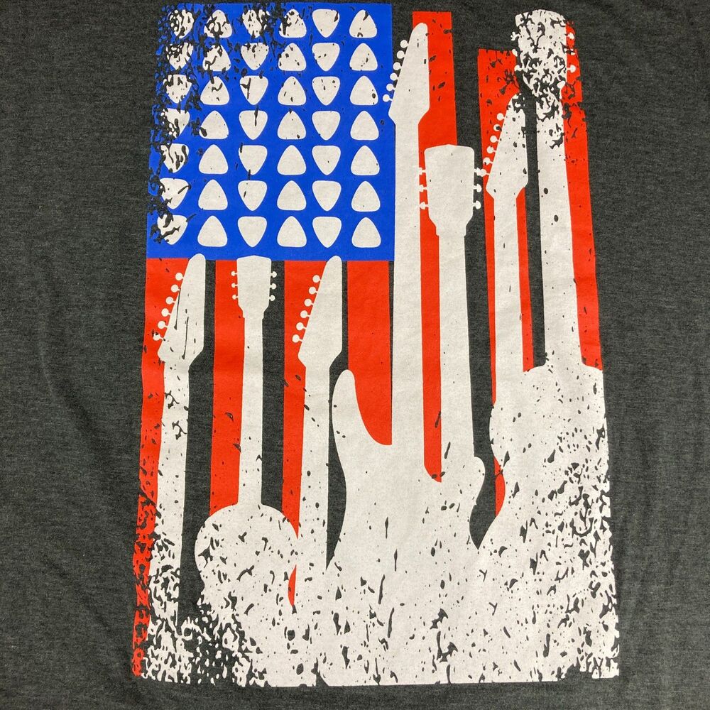 OPTIMA London Mens 2XL Guitar American Flag Graphic T-Shirt Gray Patriotic Tee